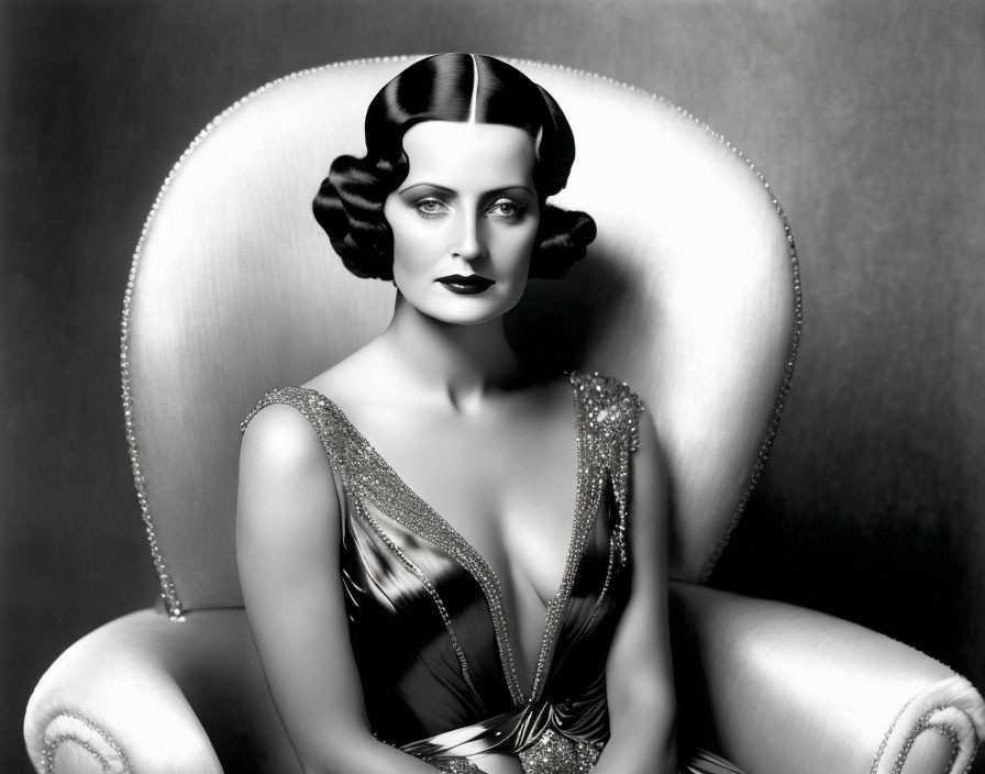 Classic Black and White Portrait of Woman in 1930s Hollywood Glamour