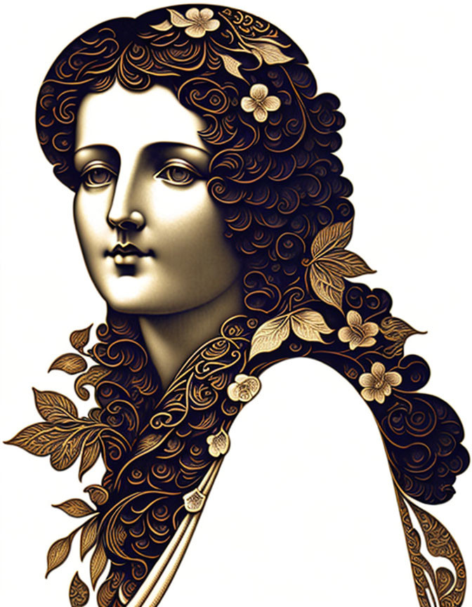 Intricate black and golden floral patterns on woman's portrait