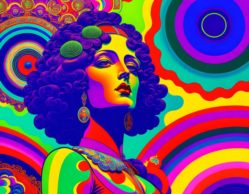 Colorful swirls backdrop woman in psychedelic portrait