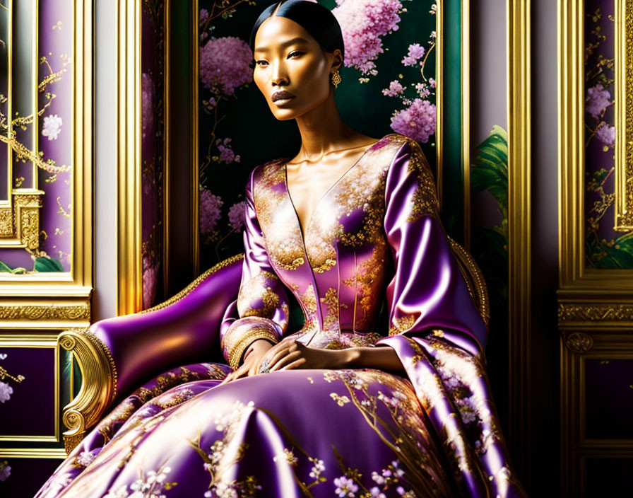 Regal woman in purple dress on gold chair with cherry blossoms