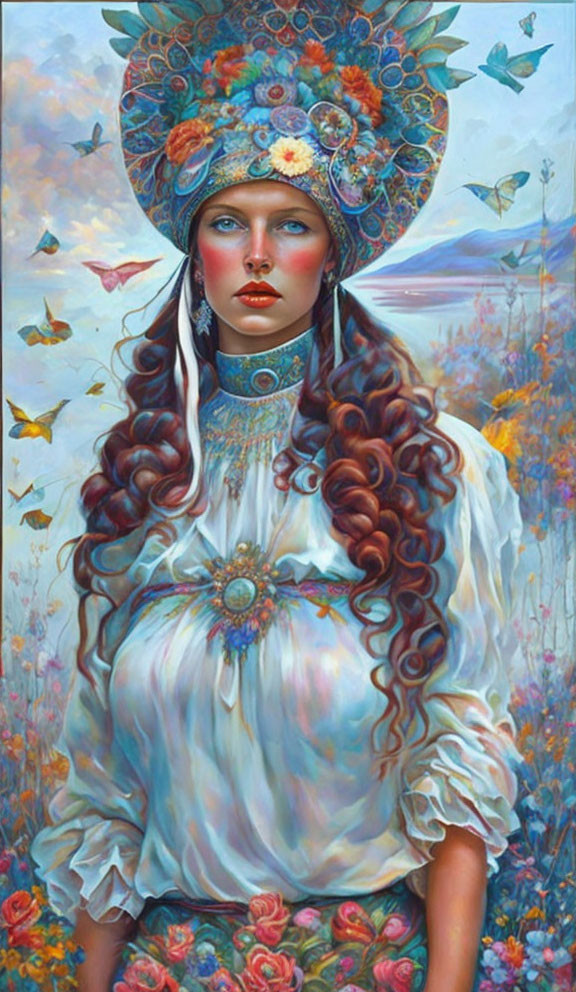 Woman with Long Curly Hair and Floral Hat Surrounded by Butterflies and Flowers