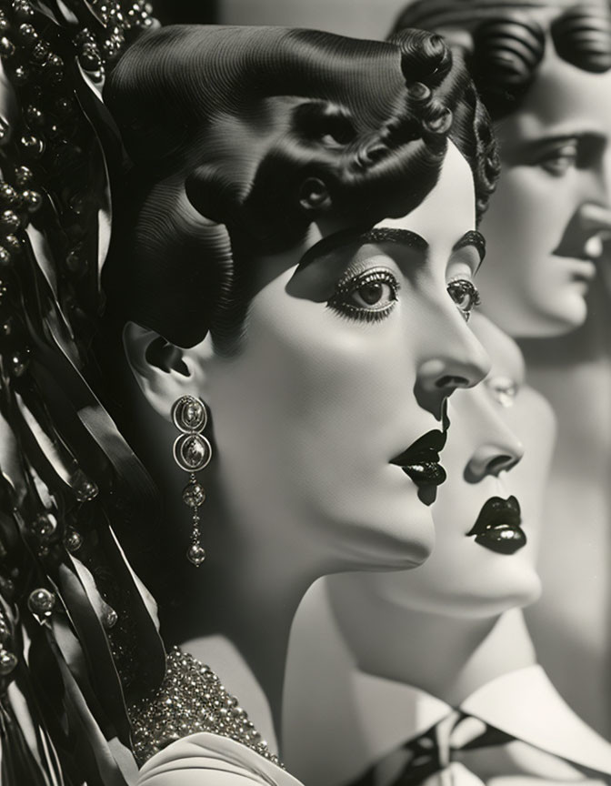 Vintage Black and White Photo of Three Women with Elegant Hairstyles and Make-Up