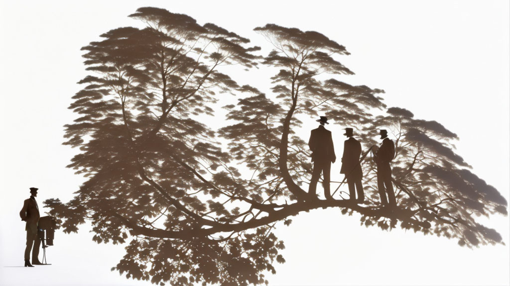 Silhouetted Figures on Tree Branch with Standing Person