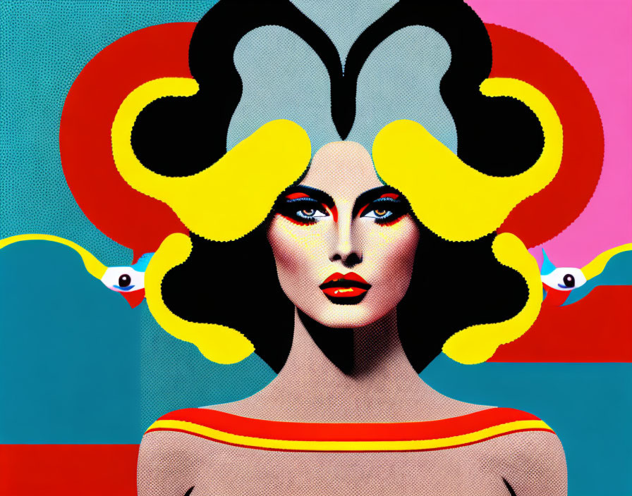 Vibrant pop art woman with stylized hair and makeup on abstract background