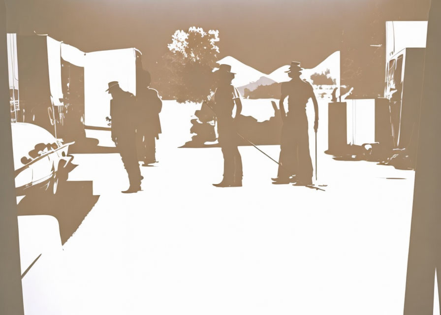 Sepia-toned silhouette figures at outdoor event with tents