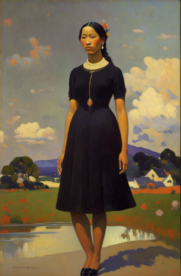 Woman in Black Dress Posed Against Serene Landscape with River & Cottages