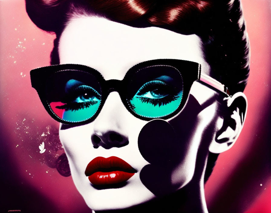 Colorful pop-art portrait of a woman with bold red lips and retro sunglasses