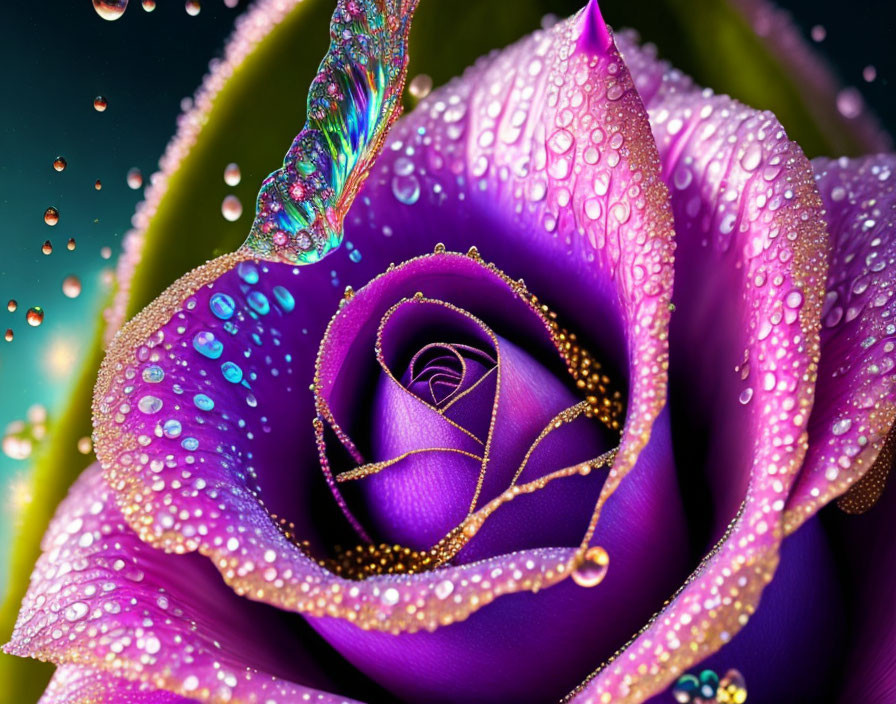 Vibrant purple rose with water droplets and prism effect