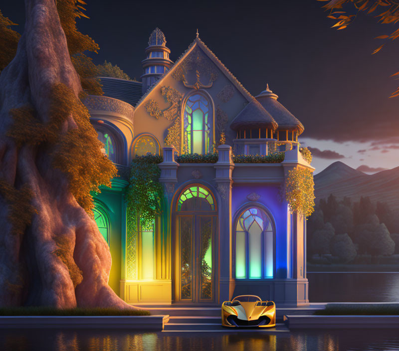 Illuminated fairy-tale mansion by lake with modern car at dusk