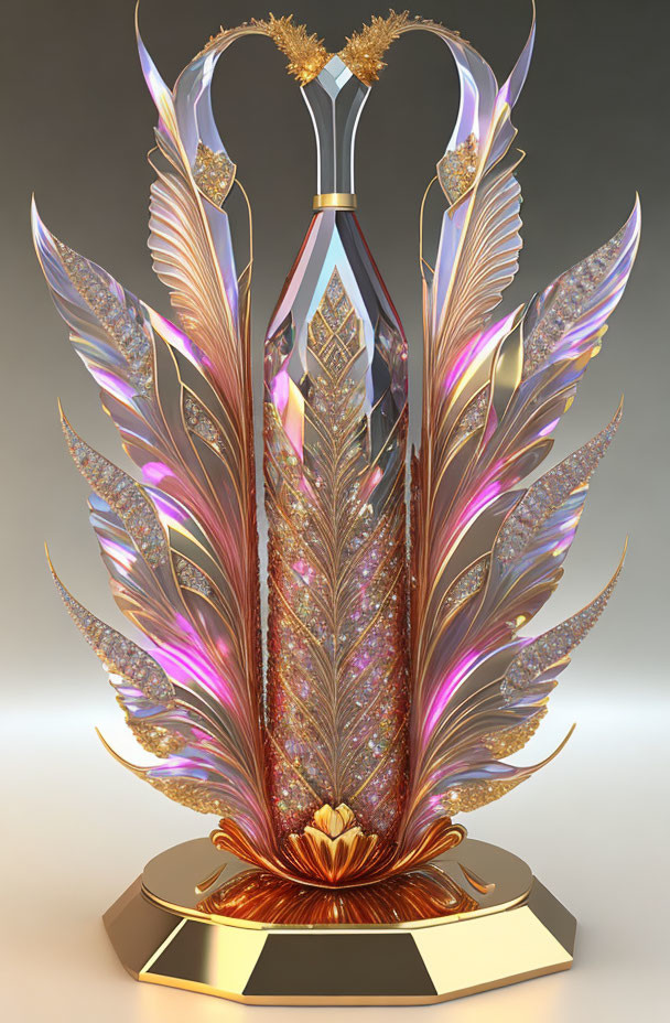 Ornate trophy with feather-like embellishments and metallic accents