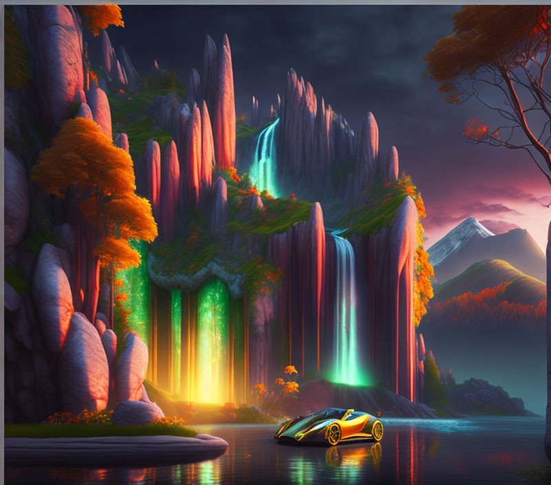 Digital artwork: Neon-lit waterfall, cliffs, trees, yellow sports car