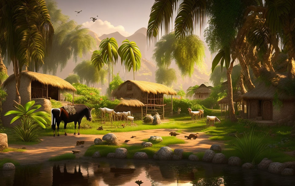 Tranquil village scene with thatched huts, horses, and river at dusk