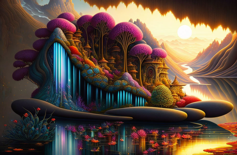 Colorful fantasy landscape with purple trees, waterfall, and sunset over mountains.