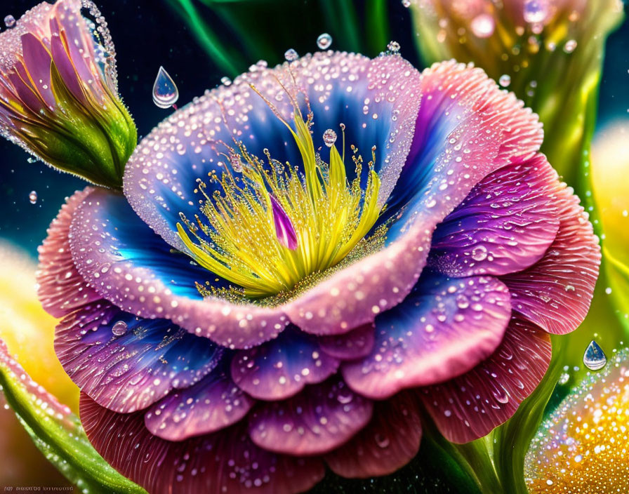 Colorful close-up of water droplets on vibrant flower petals