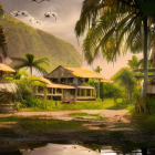 Tranquil village scene with thatched huts, horses, and river at dusk