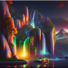 Digital artwork: Neon-lit waterfall, cliffs, trees, yellow sports car