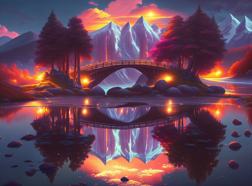 Tranquil fantasy landscape with bridge over reflective lake