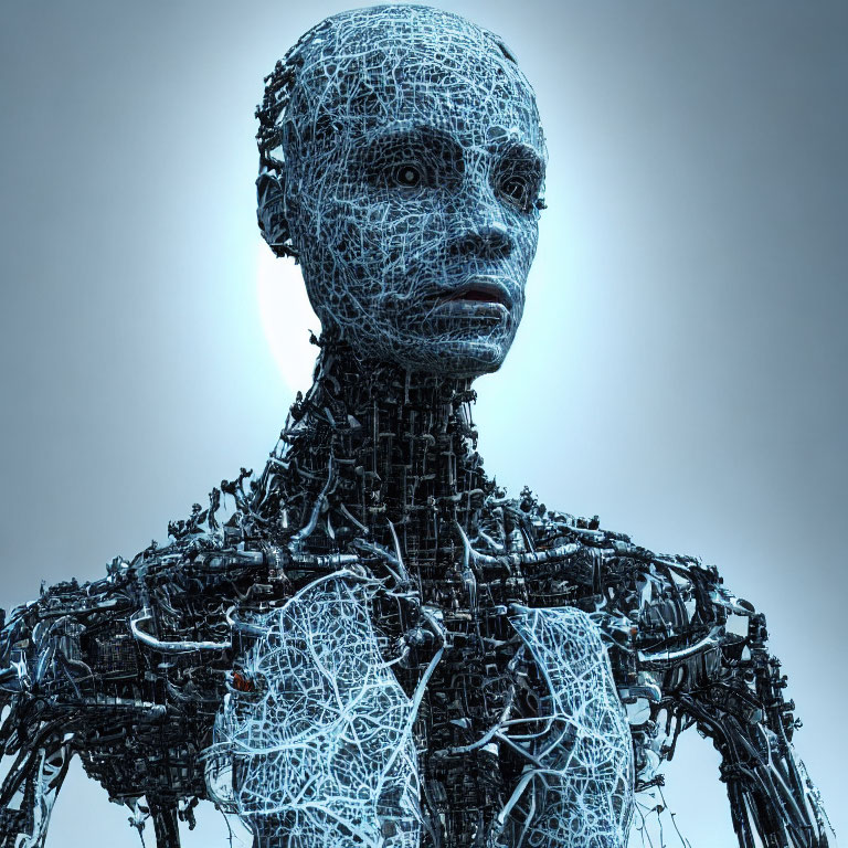 Detailed 3D-rendered wireframe humanoid robot on plain background