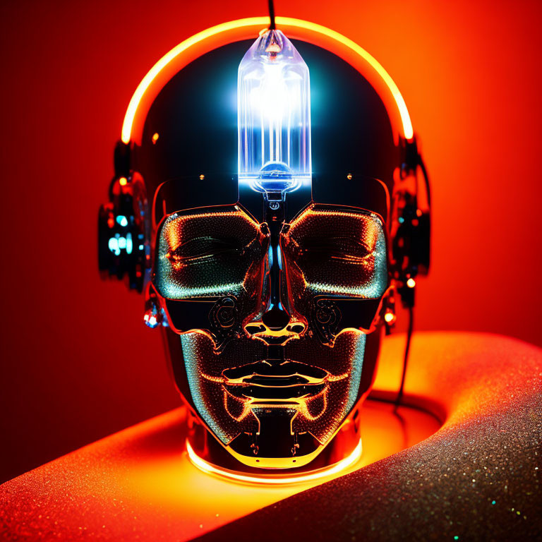 Futuristic robot head with glowing filament on red background.