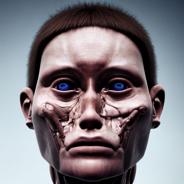 Digital artwork: Humanoid face with oversized blue eyes, stitched skin, somber expression