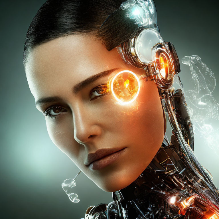 Female android with human-like skin and mechanical parts close-up.