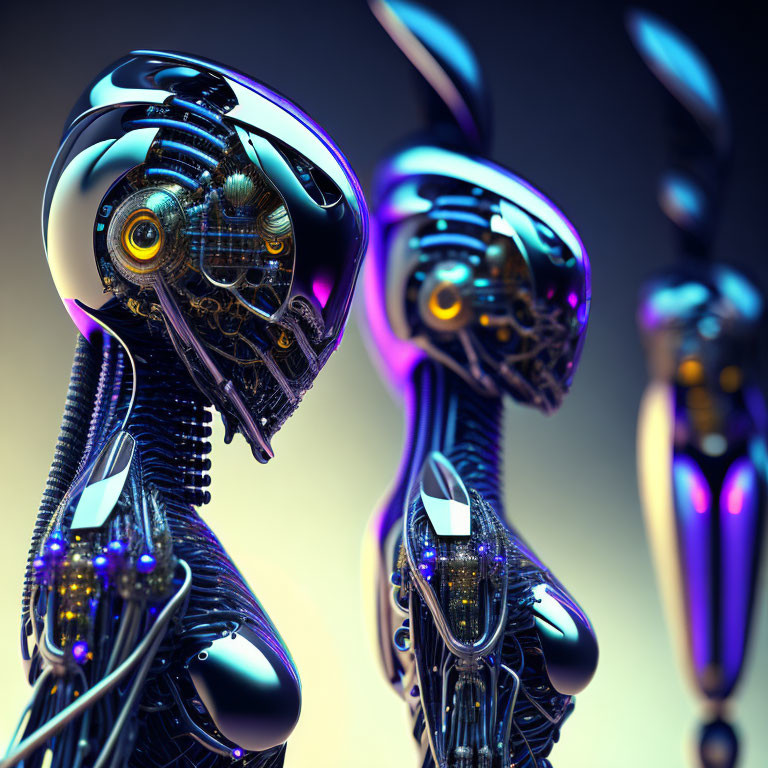 Glossy humanoid robots with yellow eyes on gradient background