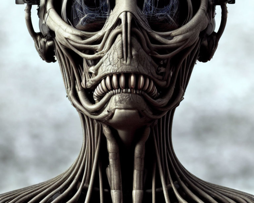 Detailed biomechanical creature with muscle-like facial structures and mechanical parts.