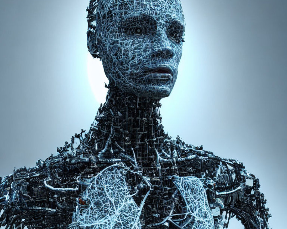 Detailed 3D-rendered wireframe humanoid robot on plain background