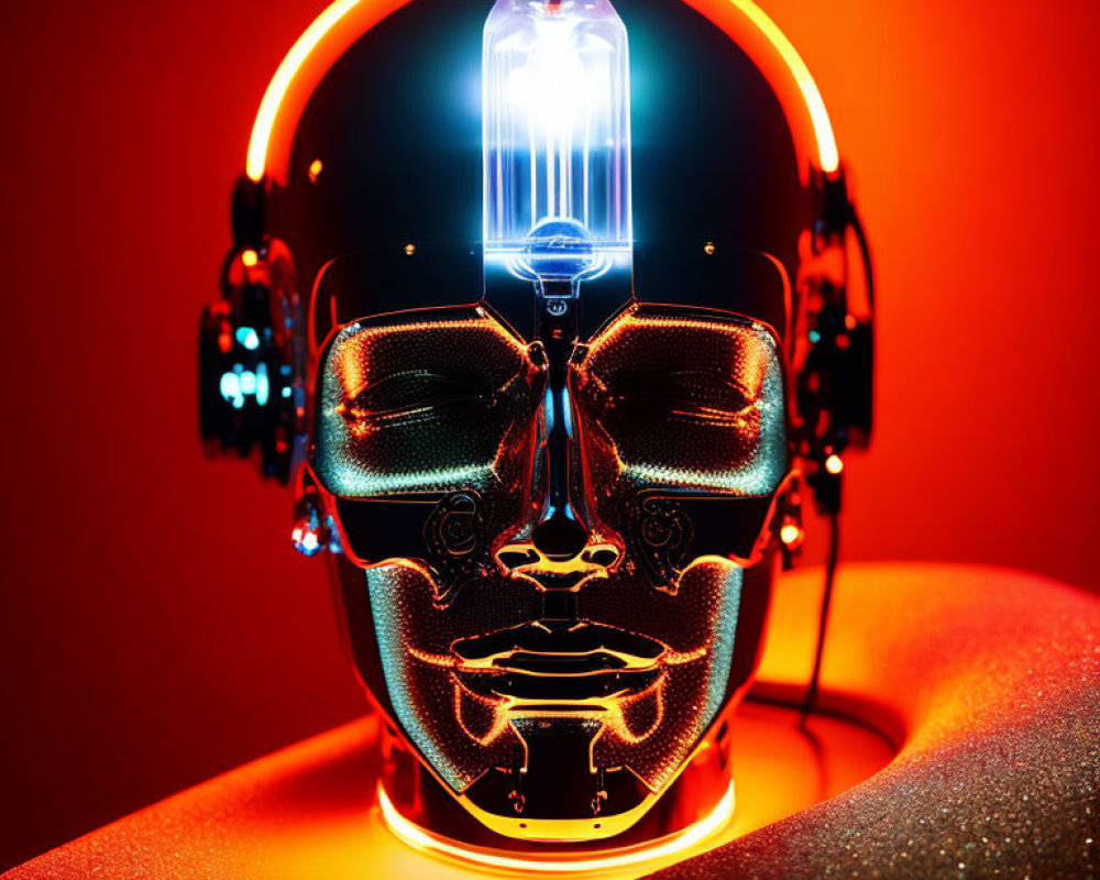 Futuristic robot head with glowing filament on red background.