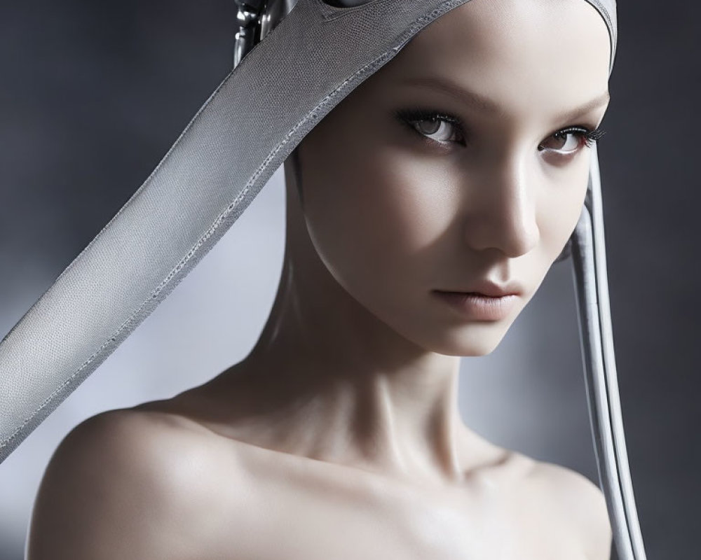 Female humanoid robot portrait with metallic headgear and intense gaze