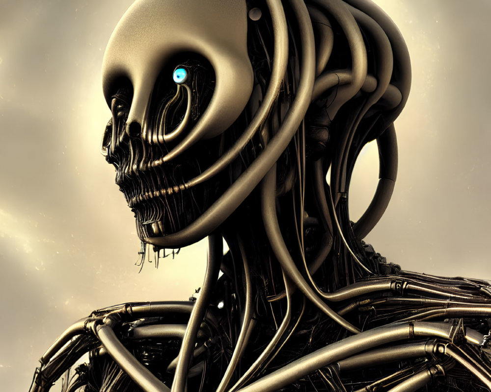 Biomechanical Skull 3D Render with Tubing and Metallic Structures