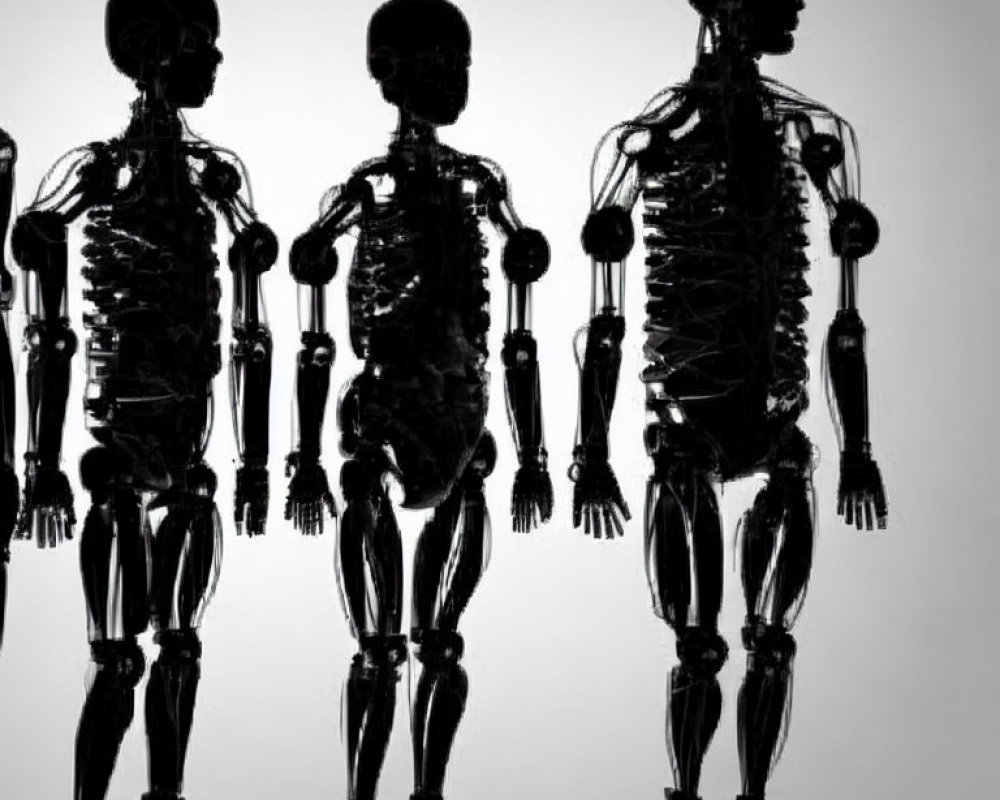 Silhouetted humanoid figures with skeletal structures on light background