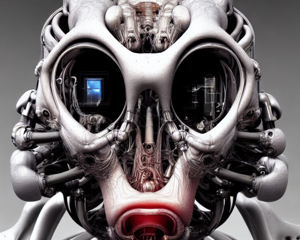 Detailed Symmetrical Mechanical Skull with Tubing, Circuitry, and Biomechanical Parts