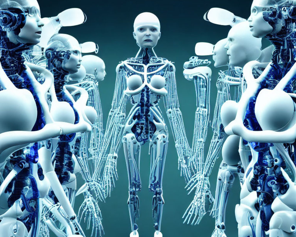 Detailed humanoid robot skeletons against blue background