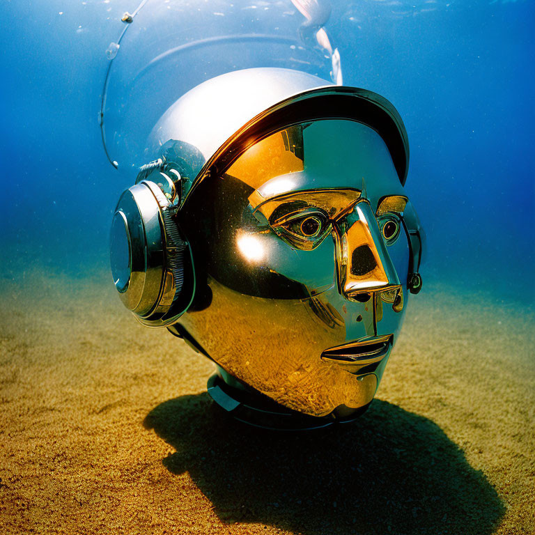 Golden humanoid robot head partially submerged in water on blue background