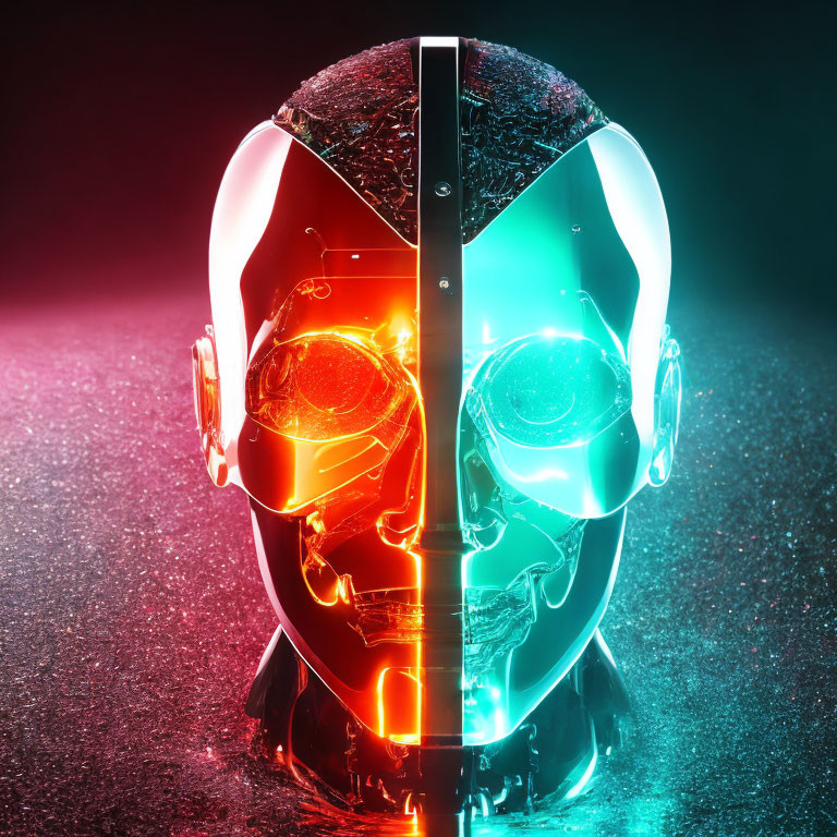 Split-face humanoid robot digital illustration with red and blue glow and visible internal mechanisms.