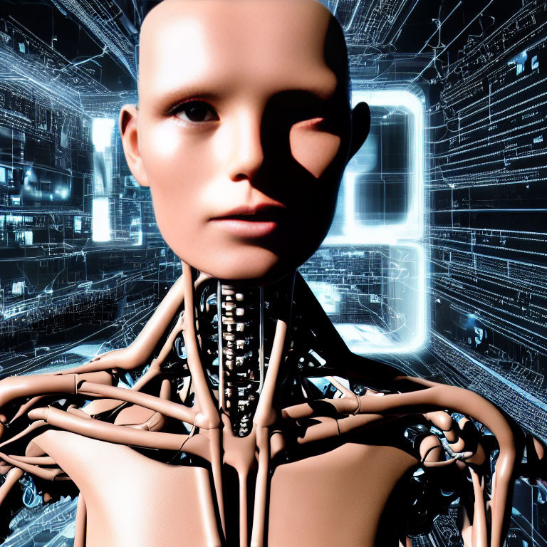 Featureless Face Humanoid Robot Surrounded by Digital Code and Circuitry