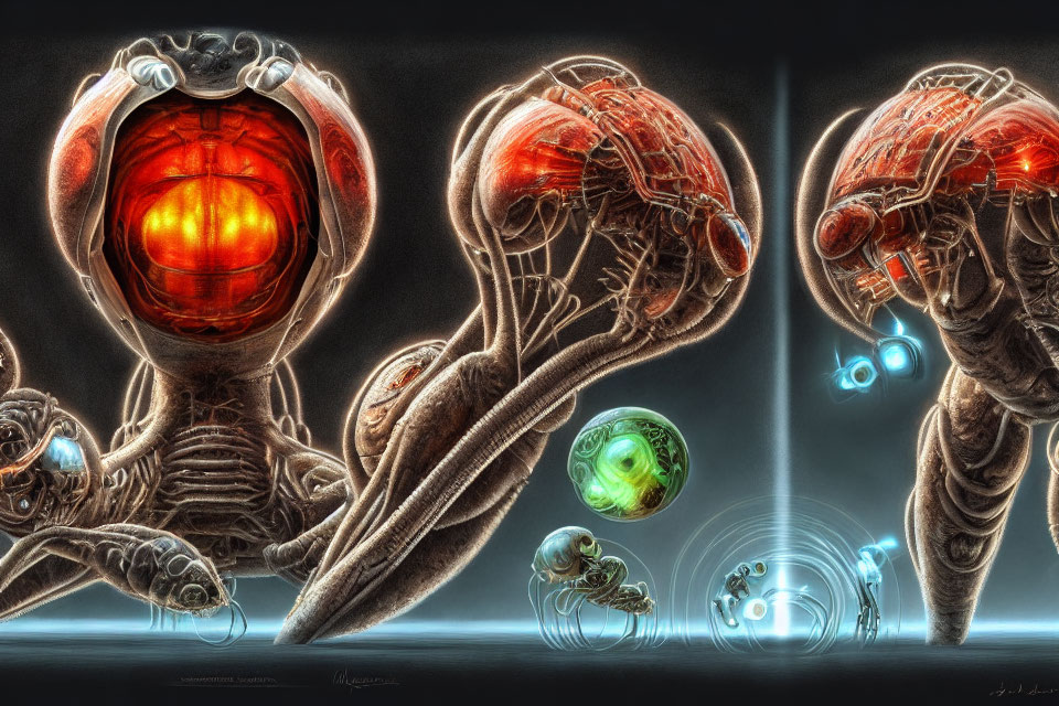 Surreal Artwork: Three Alien Creatures with Glowing Red Eyes