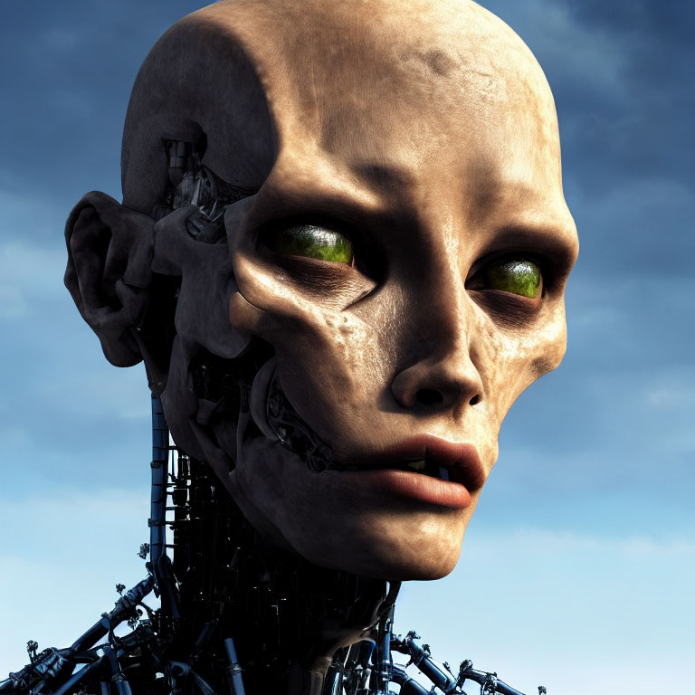 Android with half-revealed mechanical structure and humanoid face against cloudy sky