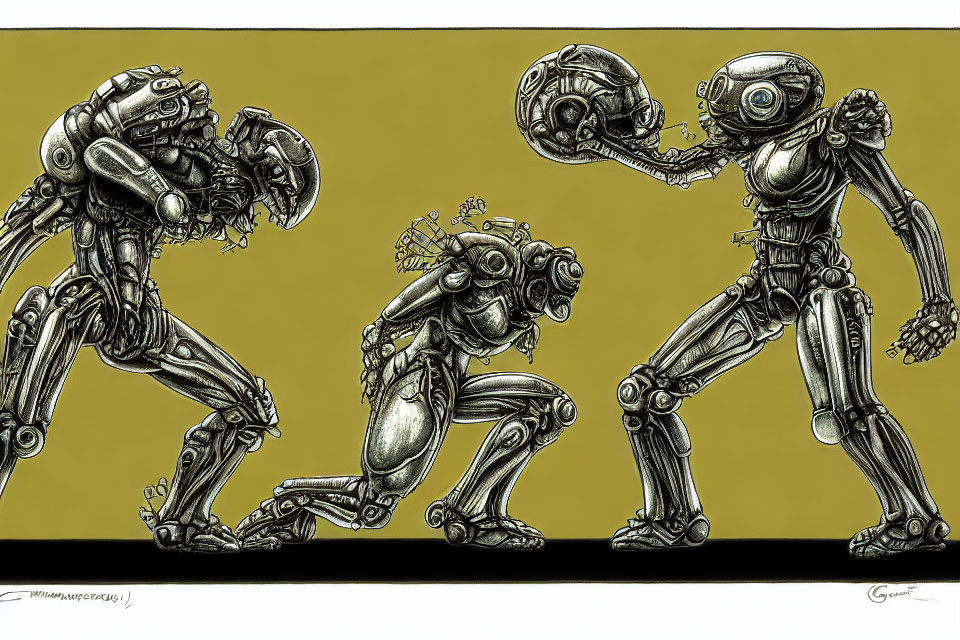 Detailed illustration of three robotic skeletal anthropomorphic figures in dynamic pose on yellow backdrop