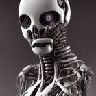 Detailed humanoid skull-faced robot with intricate mechanical parts and cables on plain background