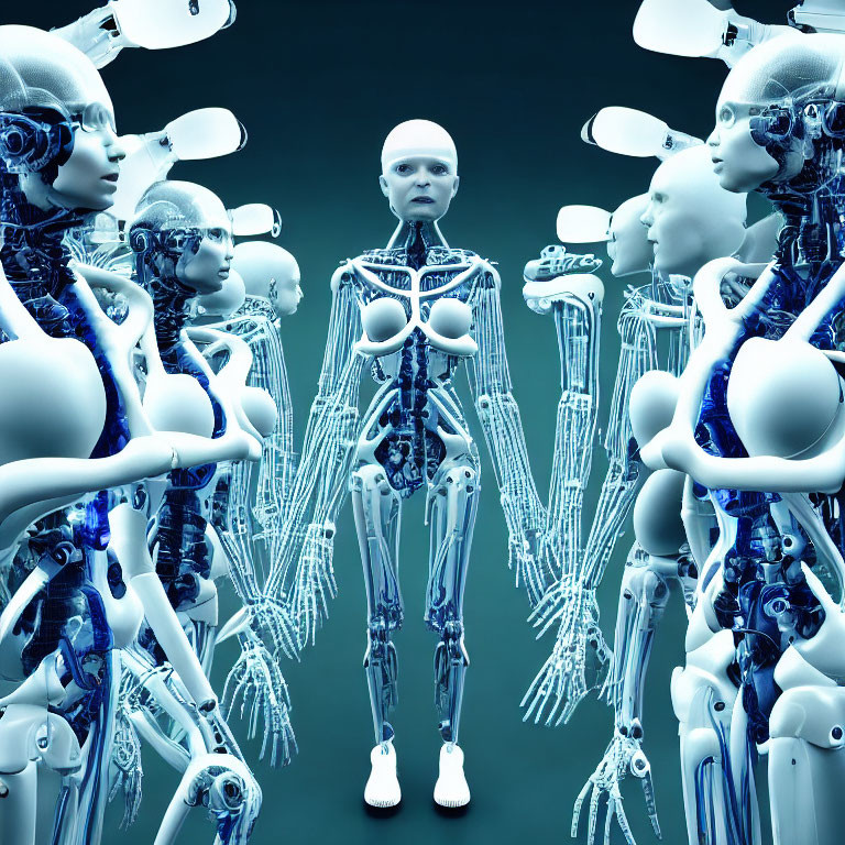 Detailed humanoid robot skeletons against blue background