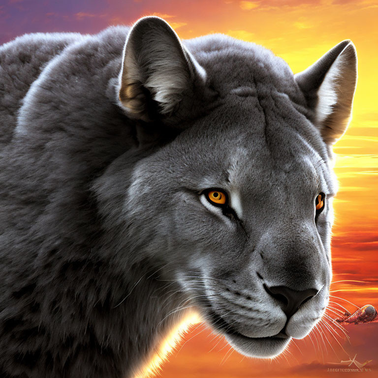 Digital artwork: Large grey feline creature with orange eyes in vibrant sunset.