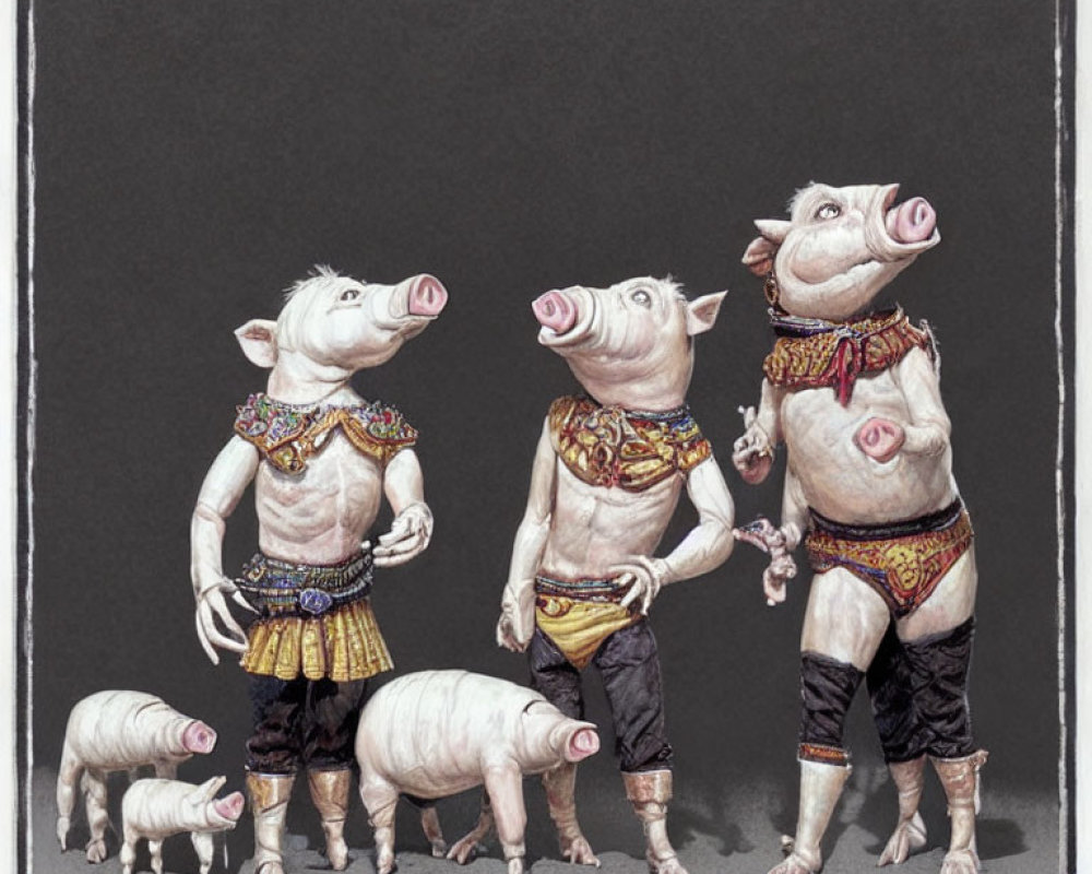 Anthropomorphic pigs in ornate clothing with piglets on grey background