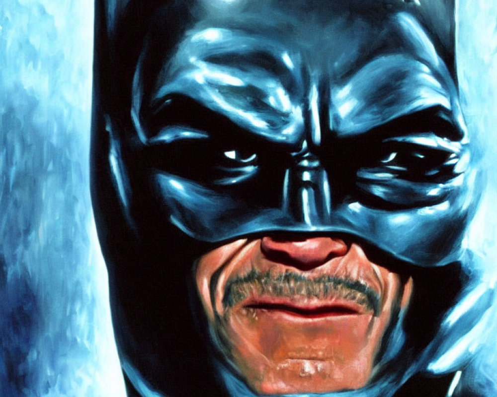 Detailed close-up of person in Batman mask with intense eyes and furrowed brow on blue background