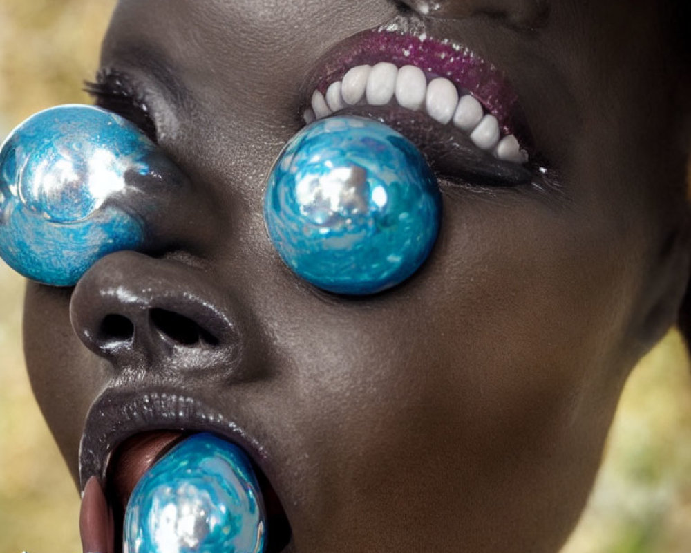 Person with glistening makeup and shiny blue spheres on lips, under eye, and near nose