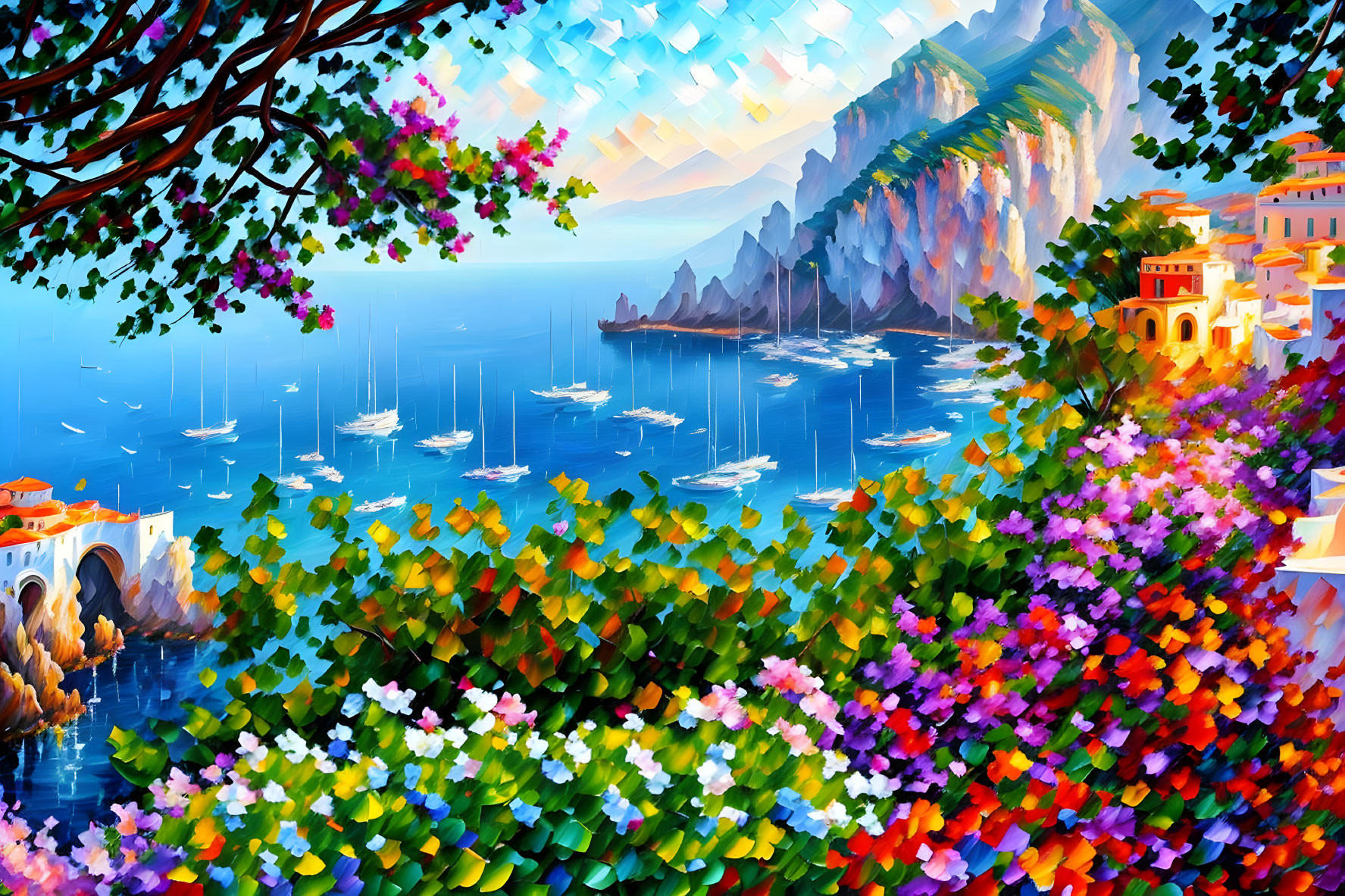 Vibrant coastal scene with flowers, boats, and cliffside buildings