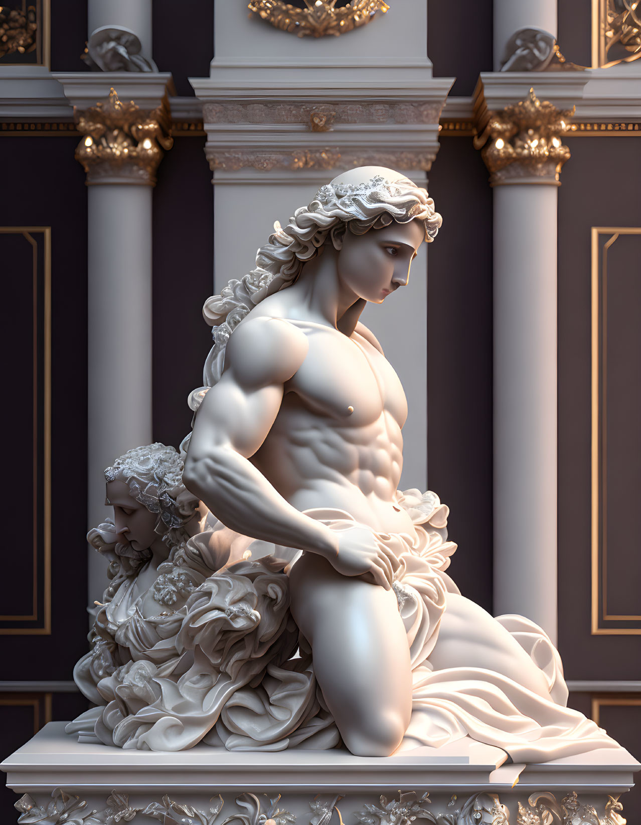 White Marble Sculpture of Muscular Male Figure in Dynamic Pose