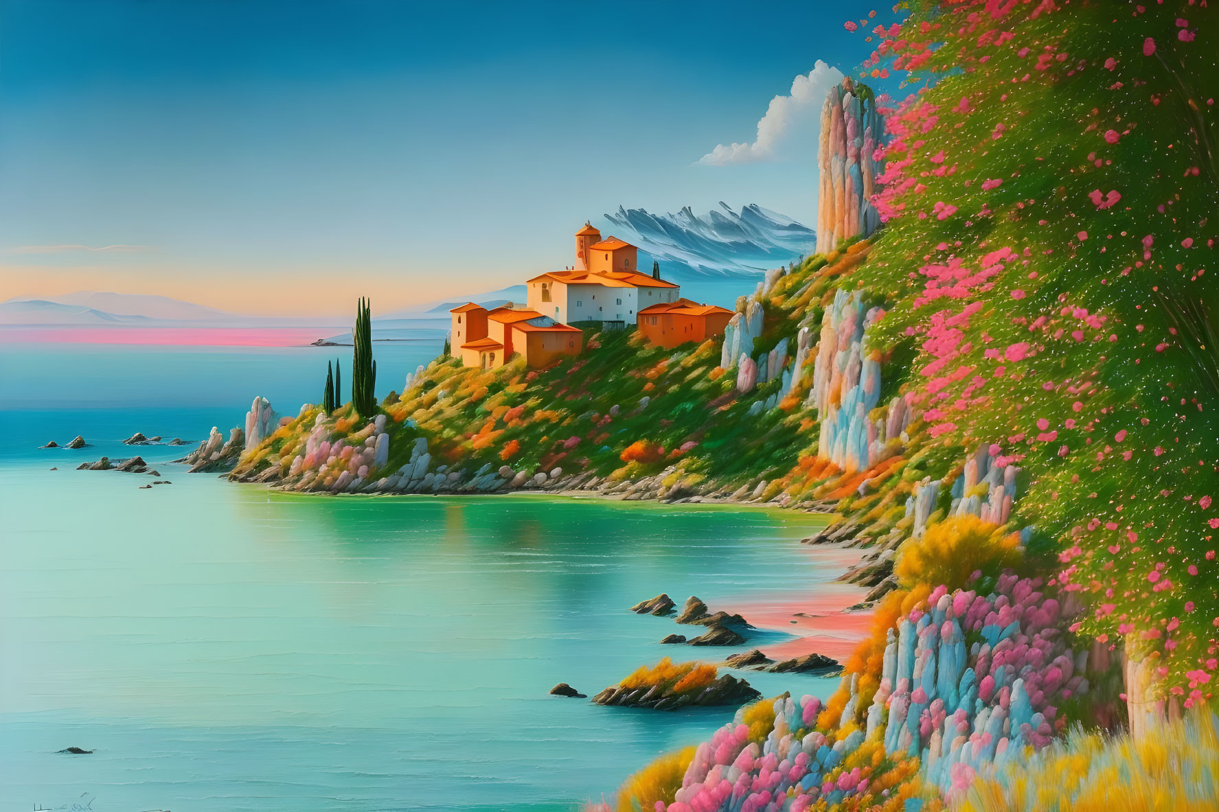 Colorful Coastal Landscape Painting with Flora, Sea, Sky, and Cliffside Houses