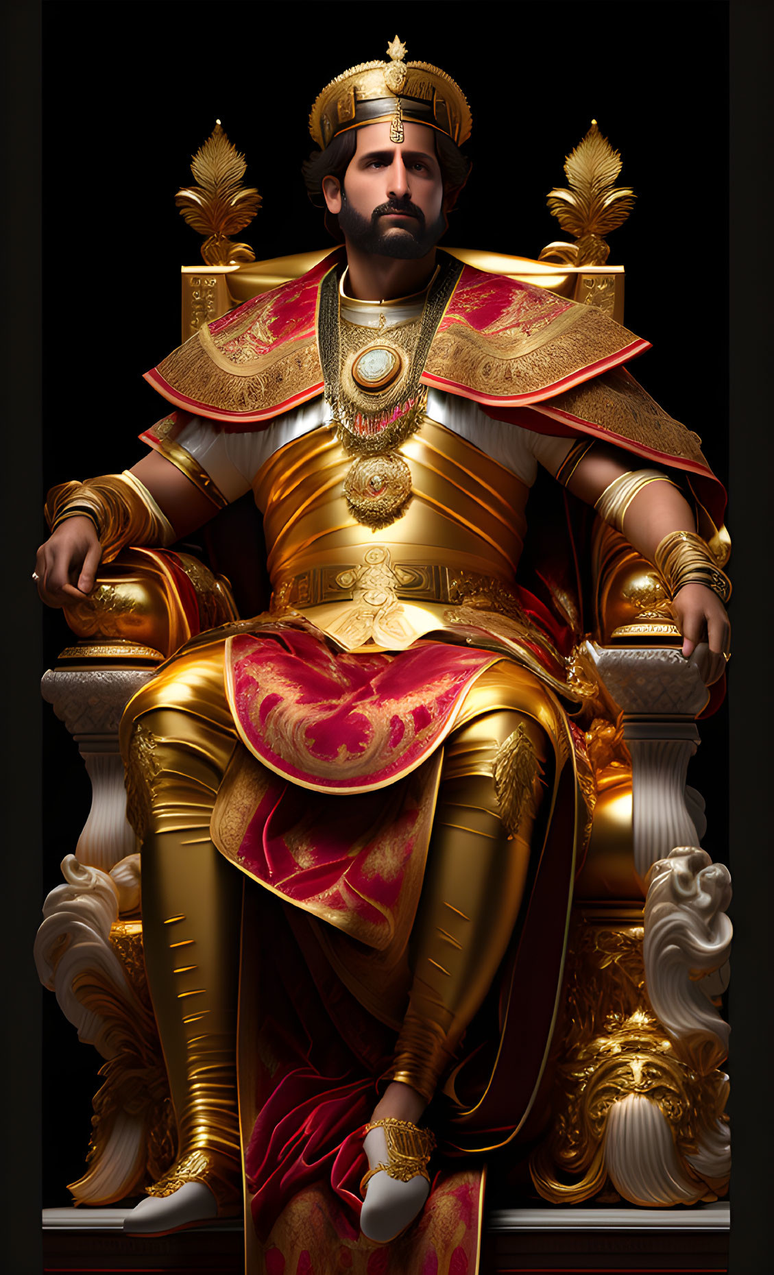 Regally dressed figure on golden throne in red and gold attire
